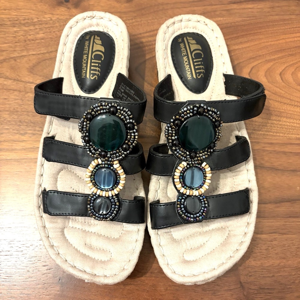 Cliffs by White Mountain Black Faux Leather Beaded Gemstone Sandals C19513Z 7.5